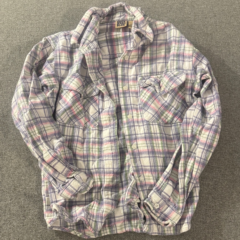 5/$15- Plaid Flannel Button-Up Shirt in Lavender and Cream